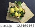 Pears. Fresh sweet organic pears with leaves. Frame of autumn harvest fruits. Top view. Food background. Mock up. 128469465
