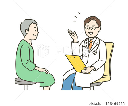 人間ドッグを受ける高齢男性と男性医師の上半身イラスト 128469933