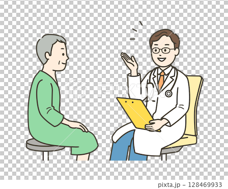 人間ドッグを受ける高齢男性と男性医師の上半身イラスト 128469933