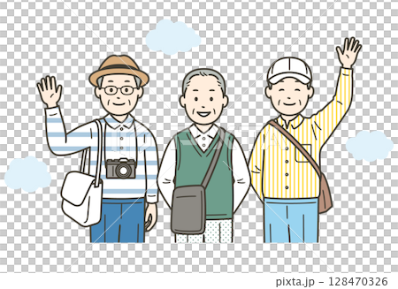 一群友善的老人在旅遊目的地玩得開心的上半身插圖 128470326