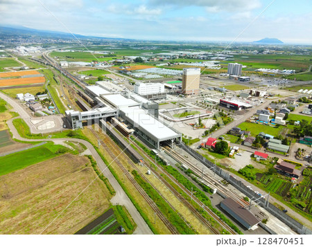 夏の北海道北斗市で新函館北斗駅の風景を空撮 夏の北海道北斗市で新函館北斗駅の風景を空撮 128470451