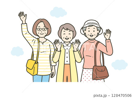 仲の良い高齢女性グループが旅行先で楽しんでいる上半身イラスト 128470506