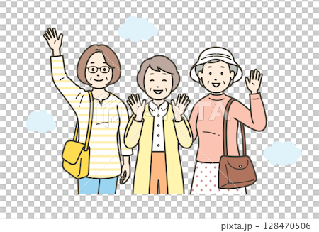 仲の良い高齢女性グループが旅行先で楽しんでいる上半身イラスト 128470506