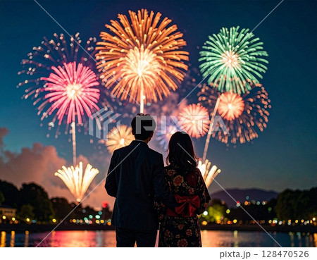 夏の花火を見つめる日本人カップル1 AI生成画像 夏の花火を見つめる日本人カップル1 AI生成画像 128470526