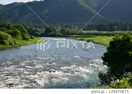 緑眩しい根尾谷を流れる清流根尾川 128470673