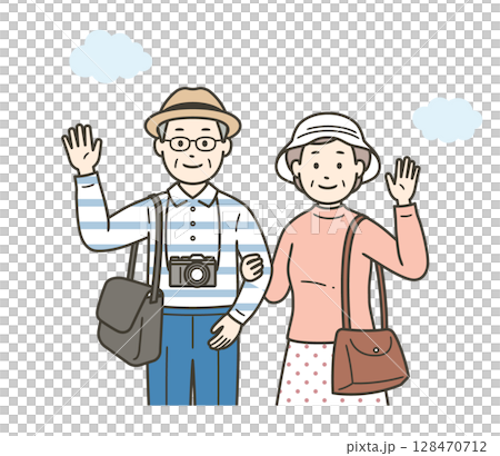Upper body illustration of a friendly elderly couple having fun on a trip 128470712