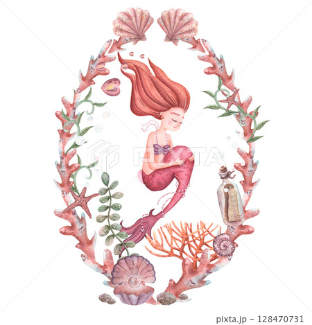 Watercolor wreath, frame of pink shells, pearls, seaweed, coral, starfish and mermaid. Sea life Watercolor wreath, frame of pink shells, pearls, seaweed, coral, starfish and mermaid. Sea life 128470731
