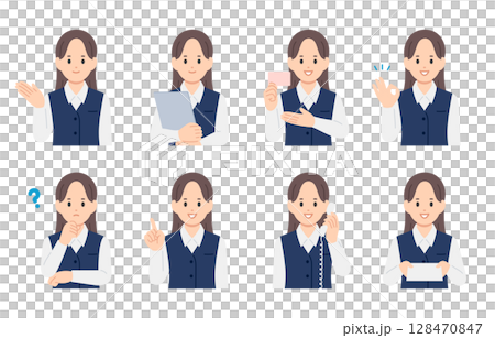 一組表情和姿勢各異的女性醫療辦公室工作人員[人物向量插圖素材] 128470847