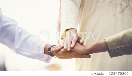 Banner diversity solidarity team multiethnic Partners hands together teamwork. Group of multiracial meetings joins hands together. Panorama Diversity people hands join empower trust team solidarity 128470863