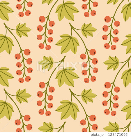 Autumn berry seamless pattern. Fall isolated berries on beige background. Square repeat pattern flat design for fall season. 128471095