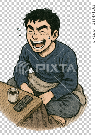 一個男人坐在暖爐裡大笑，一個男人在冬天的房間裡看電視時大笑，一個成年男人在放鬆時大笑 128471163