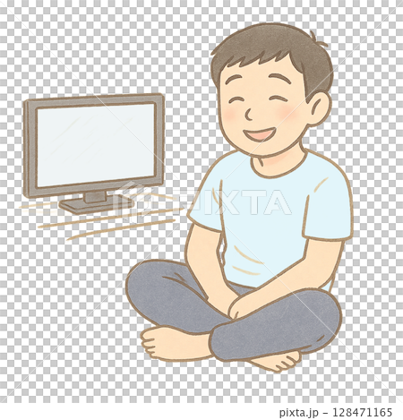 テレビを見ながら笑顔でくつろぐ子ども、自宅でリラックスする少年の穏やかな時間、テレビの前で楽しそうに 128471165