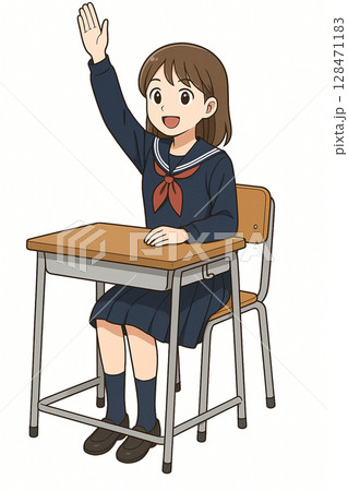 教室で手を挙げる女子学生のイラスト 教室で手を挙げる女子学生のイラスト 128471183