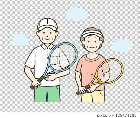 趣味のテニスを楽しむ高齢夫婦の全身イラスト 128471185