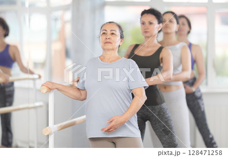 Group of female beginners performing batman tandu at barre Group of female beginners performing batman tandu at barre 128471258