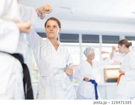 Two young women training karate techniques 128471385
