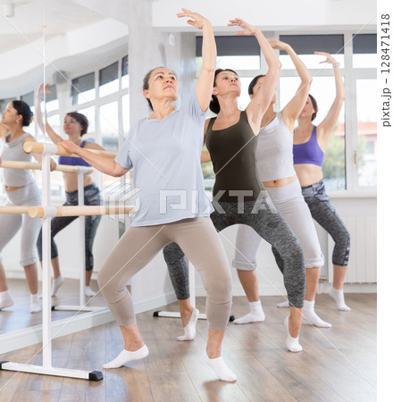Women doing ballet at group amateurs training session in the studio performs demi plie near the ballet barre, standing in ballet stance 128471418