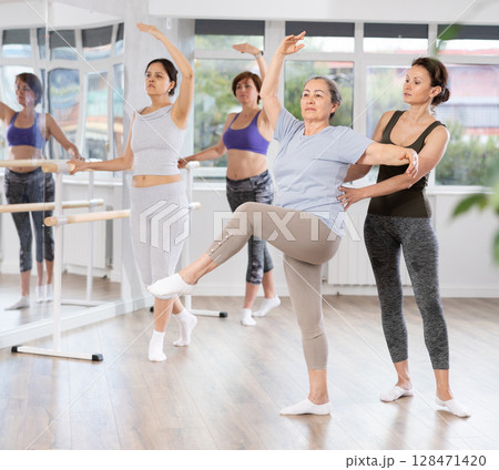 Ballet choreographer instructing senior woman in basic ballet techniques Ballet choreographer instructing senior woman in basic ballet techniques 128471420
