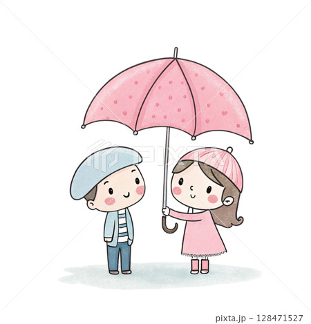 A man holds an umbrella for a woman. Kawaii Valentine Day Clipart Watercolor  128471527