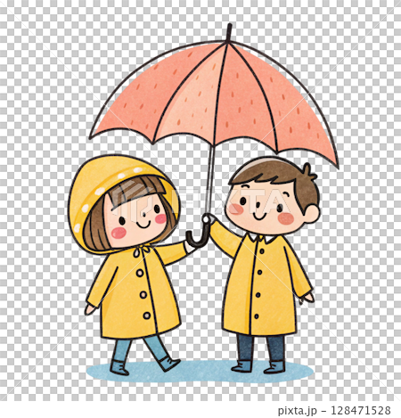 A man holds an umbrella for a woman. Kawaii Valentine Day Clipart Watercolor  128471528