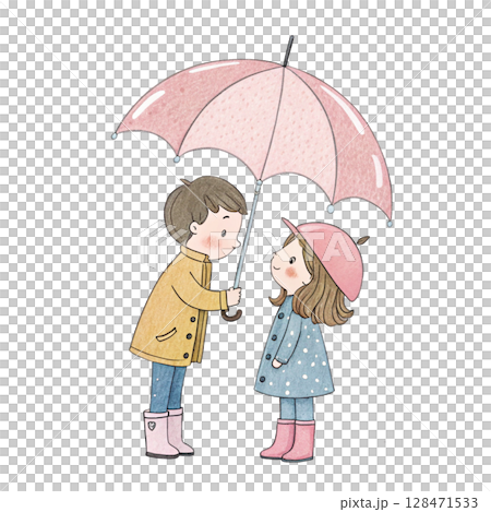 A man holds an umbrella for a woman. Kawaii Valentine Day Clipart Watercolor A man holds an umbrella for a woman. Kawaii Valentine Day Clipart Watercolor 128471533