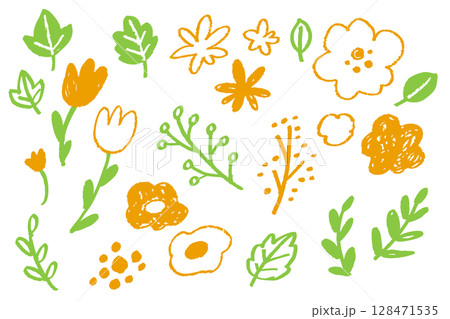 クレヨンで描いた手描きの花と葉のセット素材。ナチュラルでかわいい手書きの植物イラストコレクション クレヨンで描いた手描きの花と葉のセット素材。ナチュラルでかわいい手書きの植物イラストコレクション 128471535
