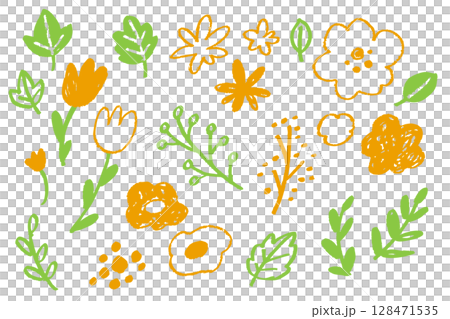 クレヨンで描いた手描きの花と葉のセット素材。ナチュラルでかわいい手書きの植物イラストコレクション クレヨンで描いた手描きの花と葉のセット素材。ナチュラルでかわいい手書きの植物イラストコレクション 128471535