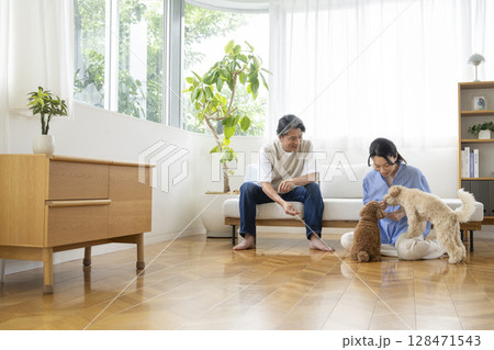 50代の夫婦と犬　犬との暮らしイメージ 128471543
