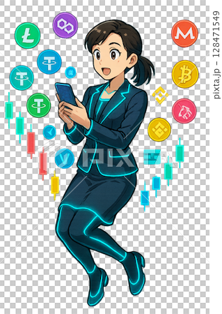 一位女性投資者在智慧型手機上管理虛擬貨幣，一位身著西裝的女性操作加密貨幣應用程序，一位女性專注地註視著未來主義的交易屏幕 128471549