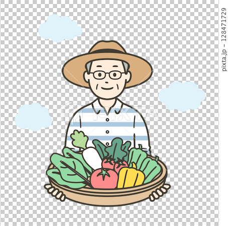 家庭菜園で収穫した野菜を持っている高齢者の上半身イラスト 家庭菜園で収穫した野菜を持っている高齢者の上半身イラスト 128471729