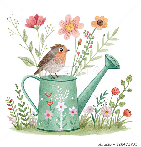 Cute cartoon style, small animals emerge from a watering can  Clipart Watercolor  128471733