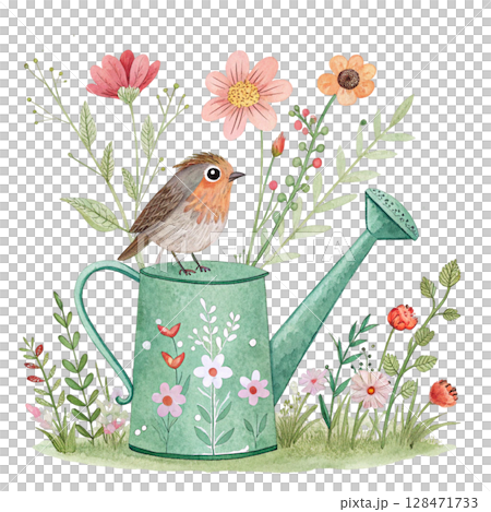 Cute cartoon style, small animals emerge from a watering can  Clipart Watercolor  128471733