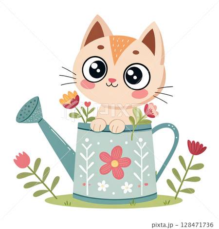 Cute cartoon style, small animals emerge from a watering can  Clipart Watercolor  Cute cartoon style, small animals emerge from a watering can  Clipart Watercolor  128471736