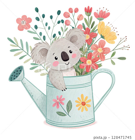 Cute cartoon style, small animals emerge from a watering can  Clipart Watercolor  128471745