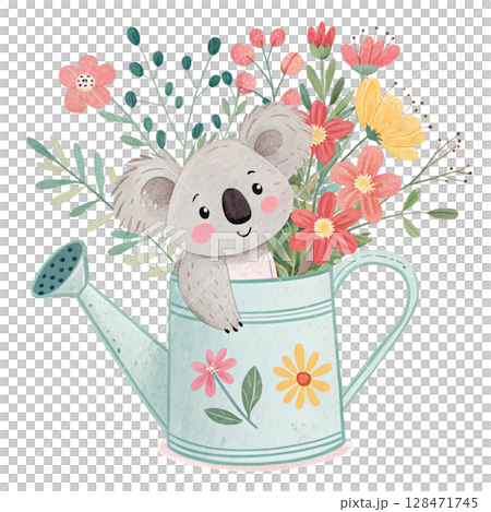 Cute cartoon style, small animals emerge from a watering can  Clipart Watercolor  128471745