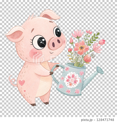 Cute cartoon style, small animals emerge from a watering can  Clipart Watercolor  128471748