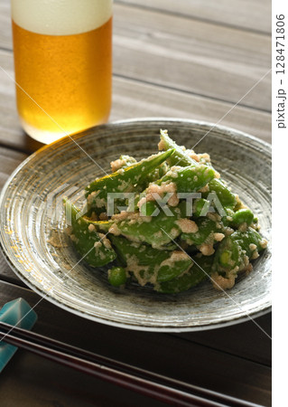 スナップエンドウの明太マヨ和え 128471806