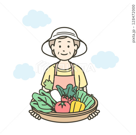家庭菜園で収穫した野菜を持っている高齢女性の上半身イラスト 128472000