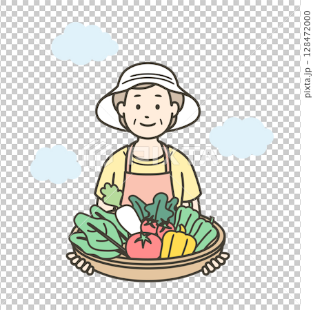 家庭菜園で収穫した野菜を持っている高齢女性の上半身イラスト 128472000