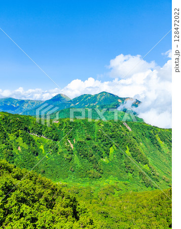 夏の妙高山登山（北峰頂上から焼山・火打山方面の眺め） 128472022
