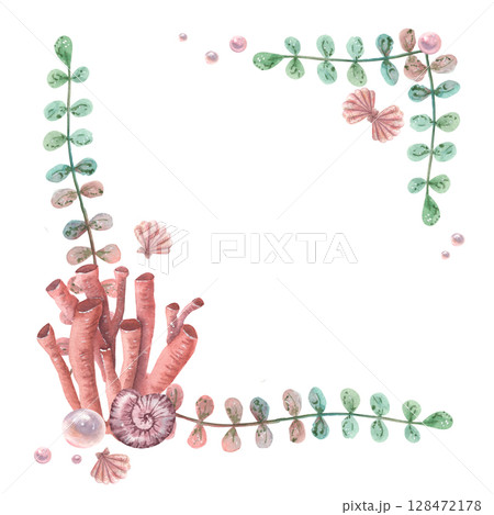 Watercolor wreath, frame of pink shells, pearls and seaweed, coral, starfish and crab. Sea life Watercolor wreath, frame of pink shells, pearls and seaweed, coral, starfish and crab. Sea life 128472178