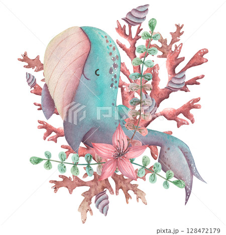 Watercolor kids hand draw set of sea life. Children's illustration with whale, seaweed, shells, coral. Hand draw reef for child. Watercolor kids hand draw set of sea life. Children's illustration with whale, seaweed, shells, coral. Hand draw reef for child. 128472179