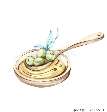 Exploring the flavors of olive oil and green olives in a watercolor illustration inspired by Italian cuisine 128472201
