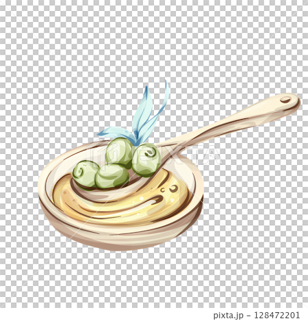 Exploring the flavors of olive oil and green olives in a watercolor illustration inspired by Italian cuisine 128472201