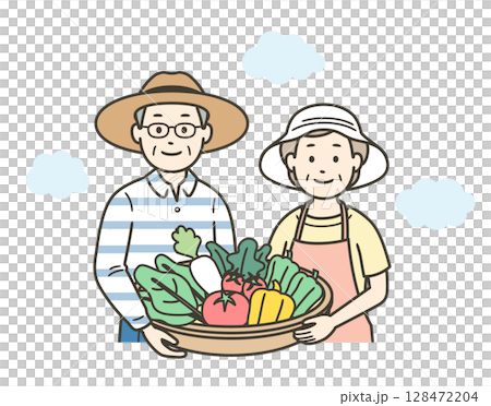 Upper body illustration of an elderly couple holding vegetables harvested in their home garden 128472204