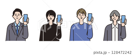 スマホの画面を見せて笑顔の女性と男性のセット 128472242