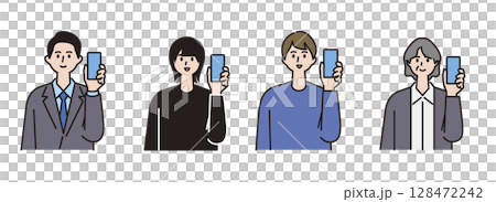 スマホの画面を見せて笑顔の女性と男性のセット 128472242