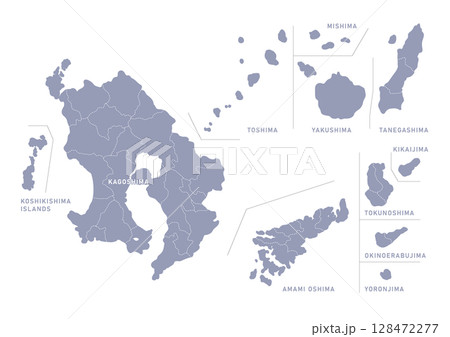 グレー色の鹿児島県の行政区分付き地図 128472277