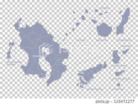 グレー色の鹿児島県の行政区分付き地図 128472277