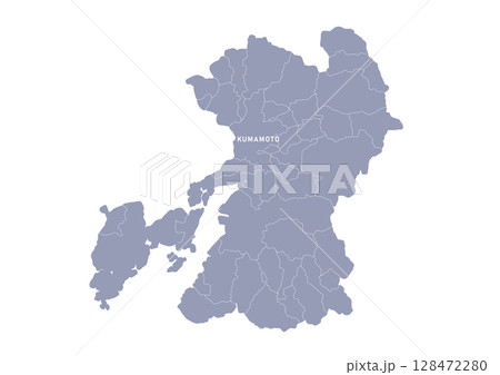 グレー色の熊本県の行政区分付き地図 グレー色の熊本県の行政区分付き地図 128472280